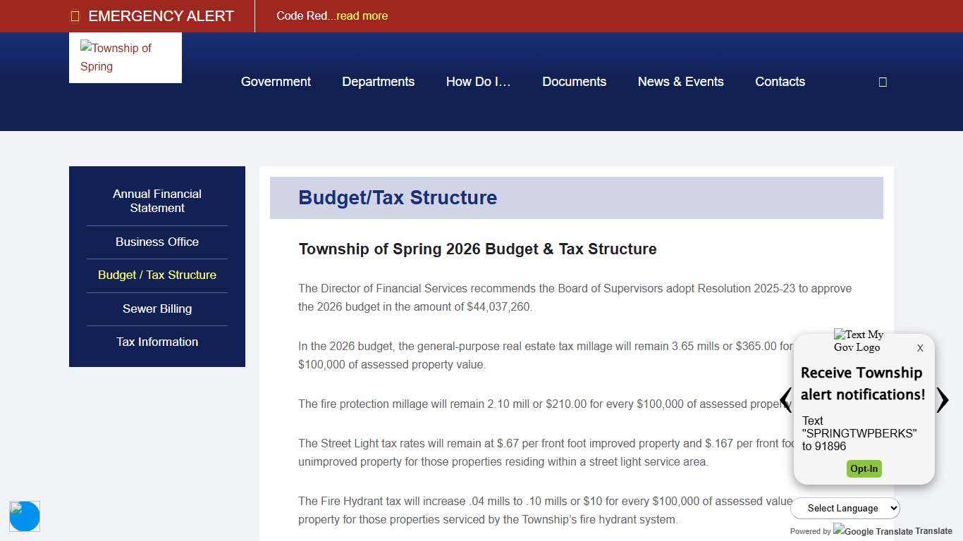 Budget/Tax Structure - Township of Spring