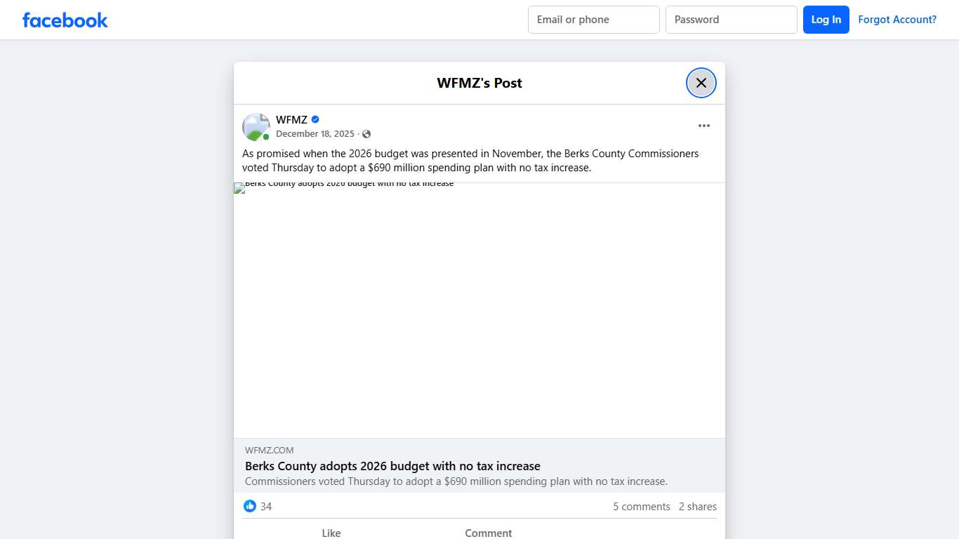 WFMZ - As promised when the 2026 budget was presented in... Facebook